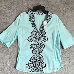 New York & Company Aqua and Black Embroidered Women's Top